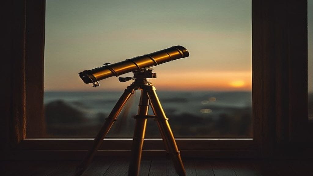 A polished brass telescope on a wooden tripod pointed toward a dim distant horizon visible through a window