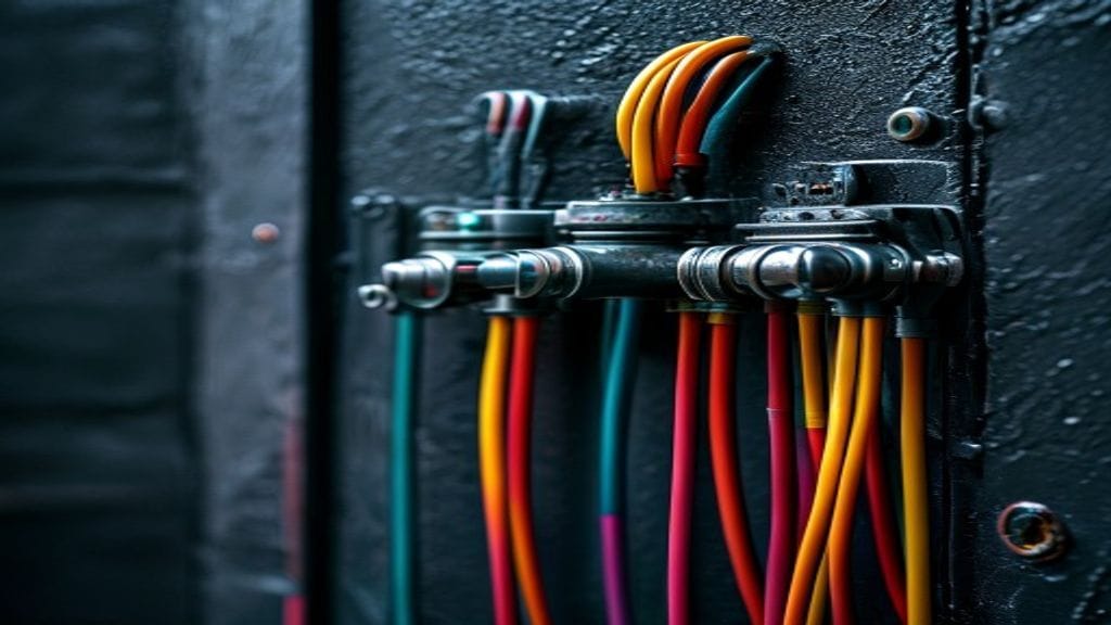 A close-up of a metal junction box on a dark wall with multiple thick cables of different colors entering and leaving it cleanly