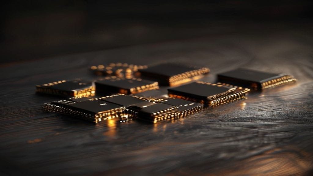 Several small polished metallic computer chips of slightly different shapes arranged in a neat row on a dark wooden tabletop