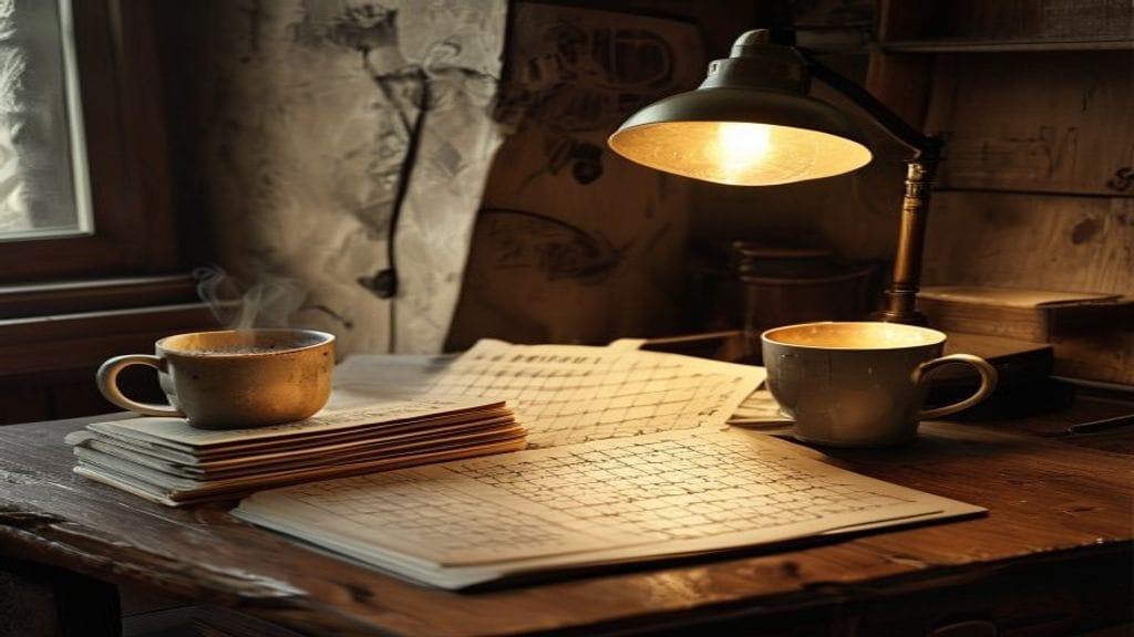 A scattered stack of vintage wall-calendar pages on a wooden home-office desk next to a steaming mug of coffee and a lit brass desk lamp