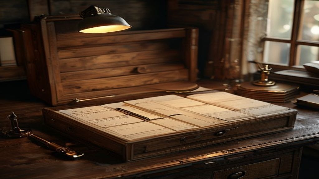 An open vintage wooden filing box on a dark wooden desk containing neatly organized index cards with handwritten tabs