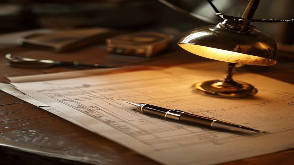 A vintage organizational chart blueprint partially unrolled on a draftsman's wooden desk with a brass paperweight holding it down