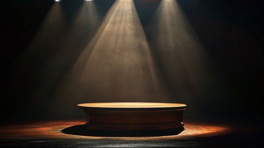 An ornate empty wooden display pedestal on a dark stage with a single spotlight illuminating it from above