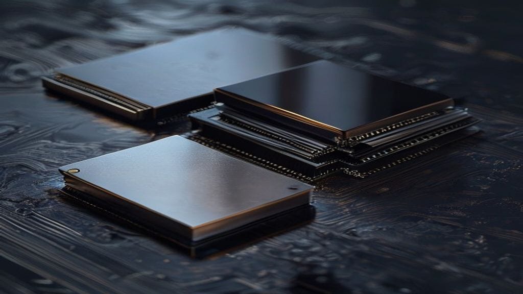 Two distinctly different polished metallic computer chips on a dark wooden tabletop