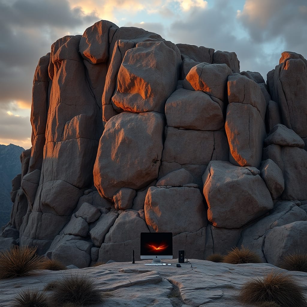 Massive stone bedrock outcropping with a small modern workstation at its base in golden-hour light