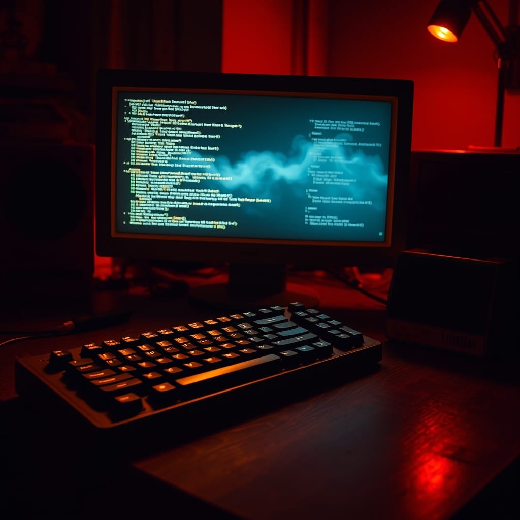 A vintage mechanical keyboard and a terminal monitor at night, with a luminous mist suggesting AI presence rising from the screen
