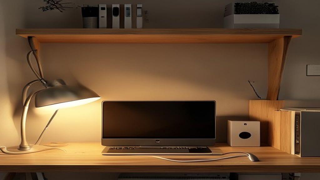 A small neatly organized wooden home-office shelf with a silver computer box, a small NAS, and a Mac mini connected by neatly coiled cables