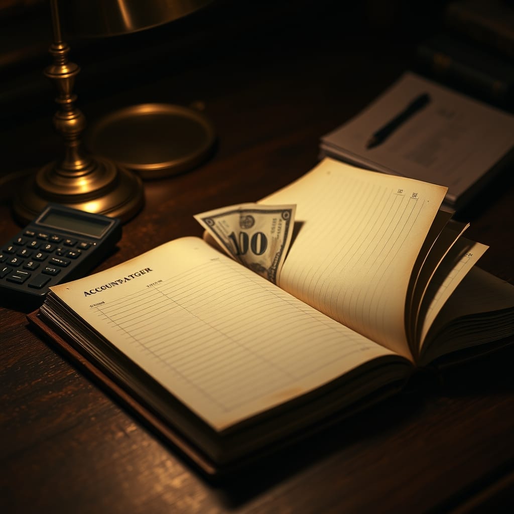An open vintage accountant's ledger with hundred-dollar bills tucked between pages and a brass calculator beside it