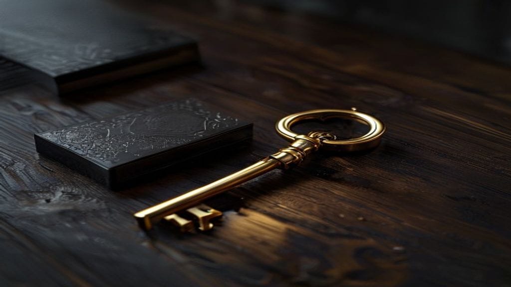 An ornate brass key resting next to a polished modern computer chip on a dark wooden tabletop