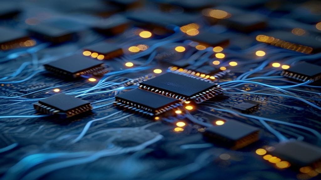 Several small computer chips of different shapes arranged in a connected cluster pattern on a dark wooden surface with thin glowing fiber-optic cables linking them