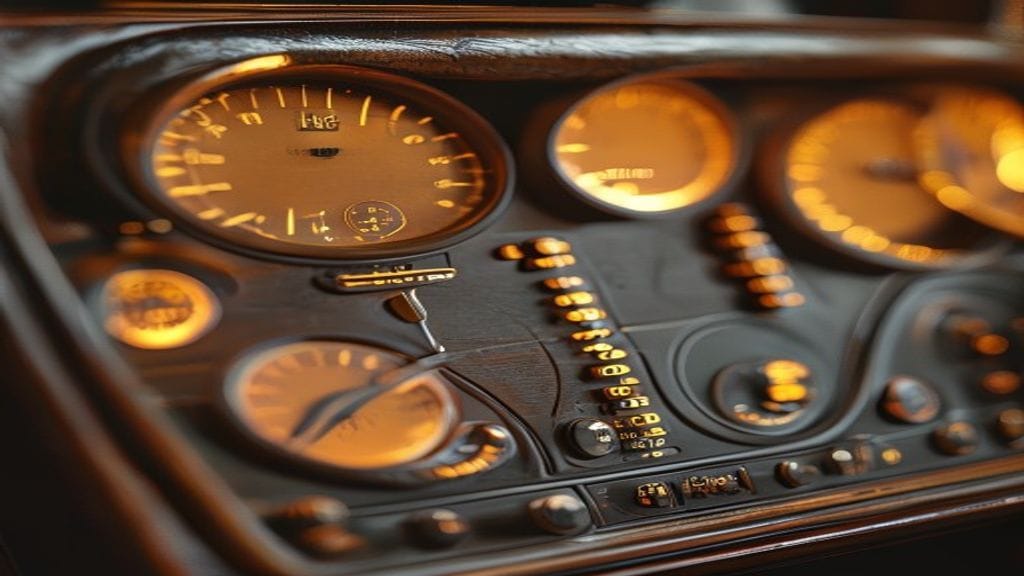 A vintage analog dashboard with several round meters on a polished wooden panel, some needles trending up and some down, under warm tungsten light