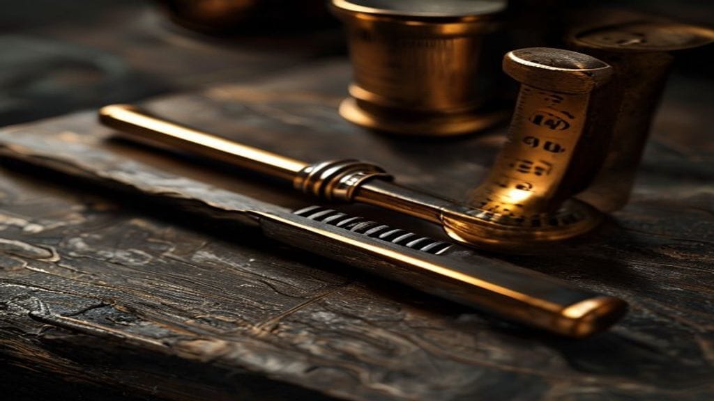 A polished metal tuning fork resting on a dark wooden lab bench next to a brass measurement dial