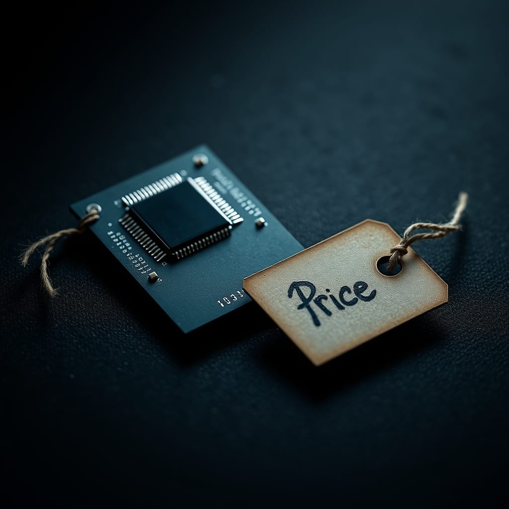 Modern computer chip on dark surface beside a small price tag tied with twine
