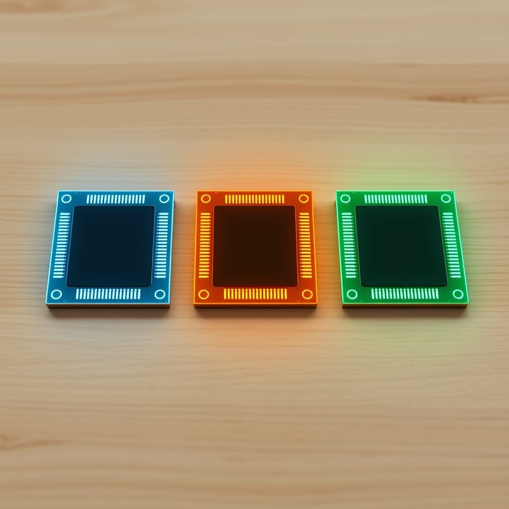 Three distinct premium computer chips arranged side by side on dark stone with cool blue, warm amber, and deep green glows underneath