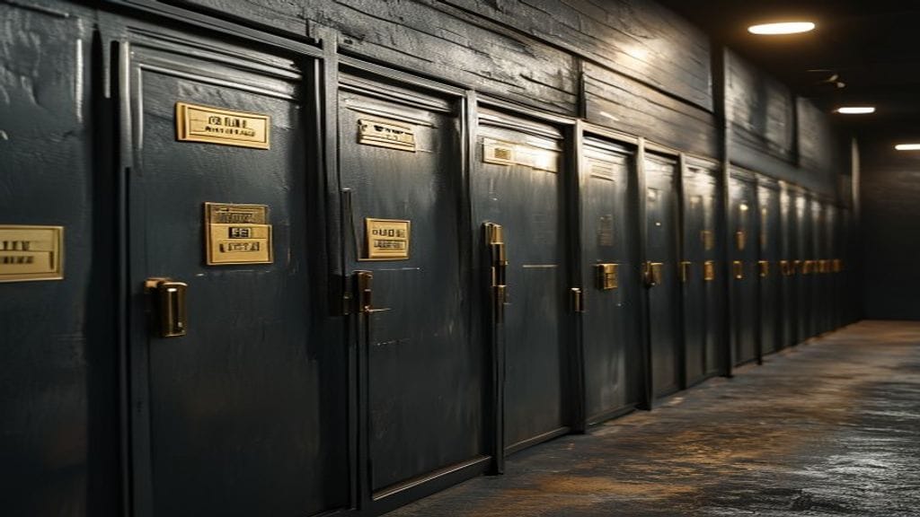 A row of identical metal storage lockers on a dark wall with subtle brass numbered tags on each door