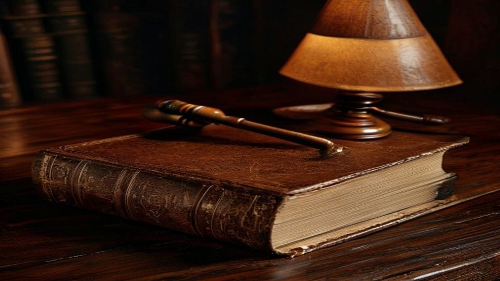 A heavy leather-bound legal book closed on a dark wooden desk with a polished wooden gavel resting on top