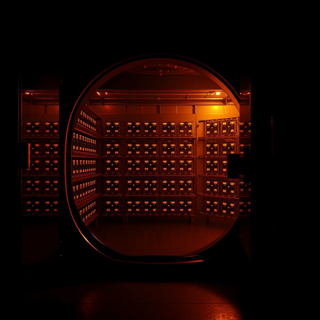 Open vault door spilling warm light onto rows of glowing chips on shelves