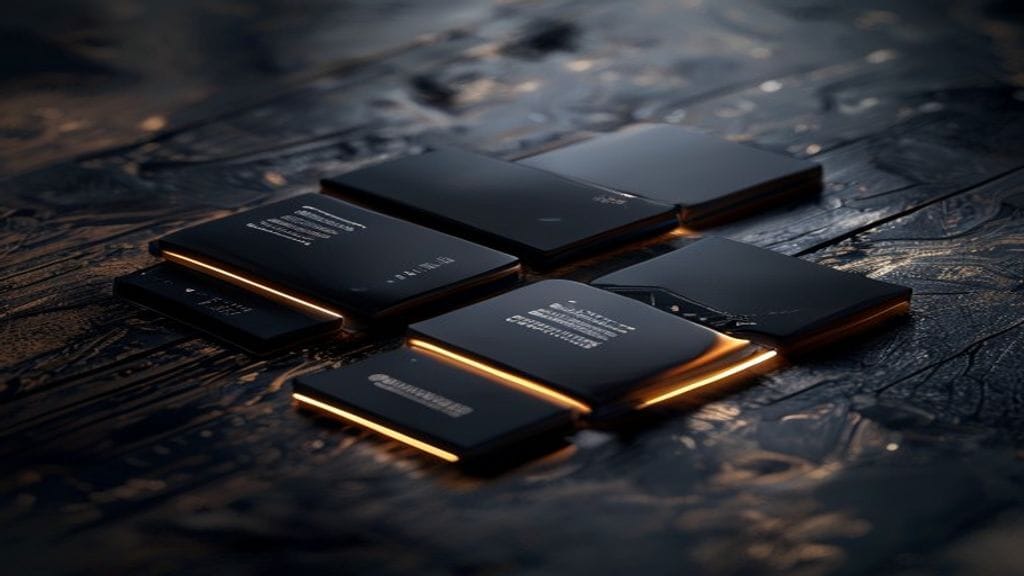 Three distinctly different sleek computer chips arranged in a triangular composition on a dark wooden surface