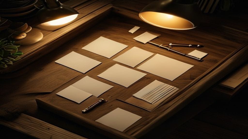An organized open wooden desk drawer with neatly arranged index cards, a small brass key, a fountain pen, and folded notes under warm lamp light