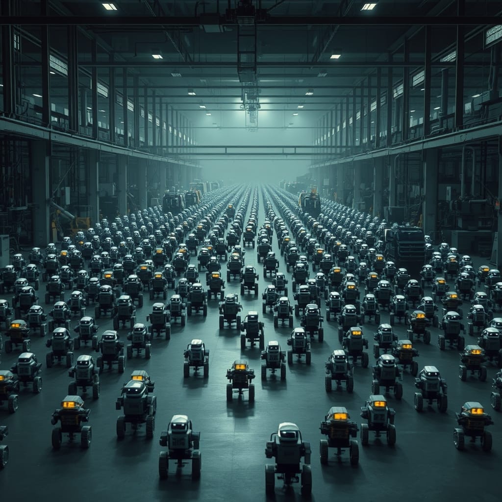 A vast factory floor with many small autonomous robotic figures moving in patterns and no human supervisors visible