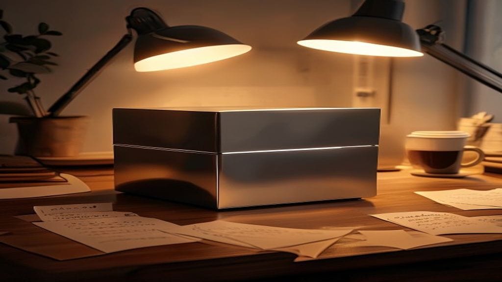 A sleek silver computer box on a wooden home-office desk with a soft glow on the status indicator and scattered notes beside it