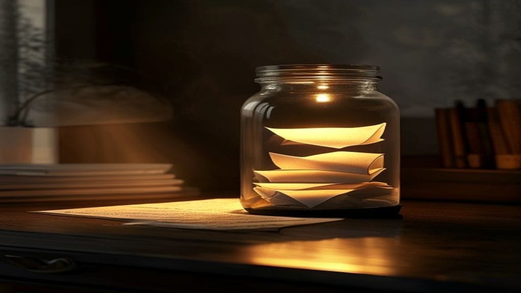 A glass terrarium-style jar on a dark wooden desk containing neatly folded paper notes inside