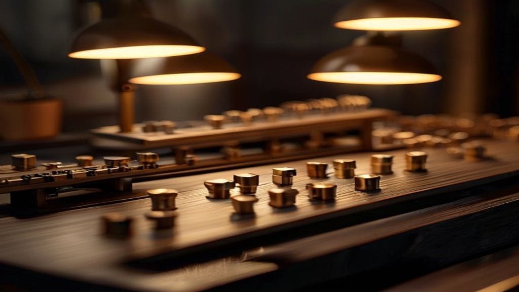 A miniature assembly-line of wooden conveyor segments on a dark wooden desk with small polished metal components moving along it