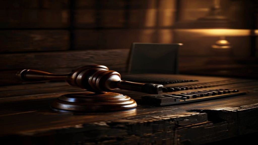 A polished wooden gavel resting next to a sleek modern computer chip on a dark wooden bench under warm overhead light