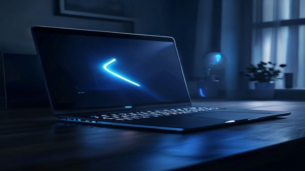 A sleek modern laptop on a dark wooden desk with a glowing browser window on the screen and a cursor pointer hovering over a button