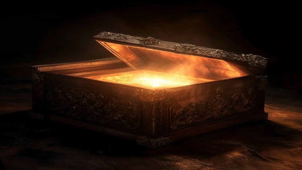 An ornate wooden box partially opened on a dark surface with bright warm light spilling out from inside