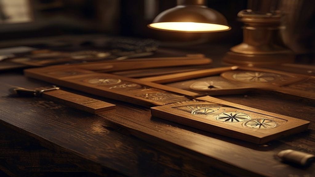 Several identical polished wooden drafting compasses arranged in a perfect row on a dark wooden draftsman's desk