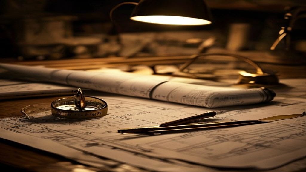 An architect's drafting table at night with a technical blueprint, a brass compass, and a metal ruler under warm lamp light