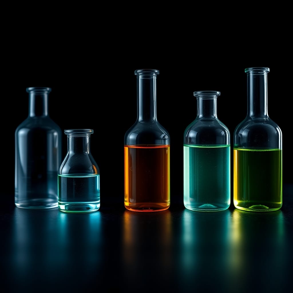 Three differently shaped glass laboratory vials lined up on a dark surface, each containing a glowing translucent liquid of a different color