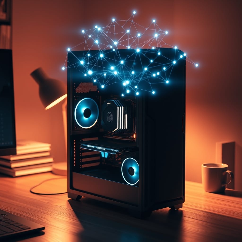 An open computer tower with a glowing GPU and a holographic neural-network diagram floating above it on a home desk