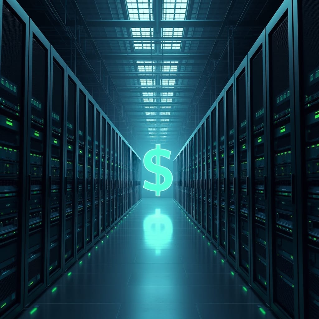 A vast data center hall under construction with translucent dollar-sign symbols glowing in the air