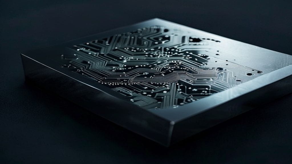 A polished anodized aluminum block split open on a dark surface revealing intricate circuit-board patterns and microchip detail inside