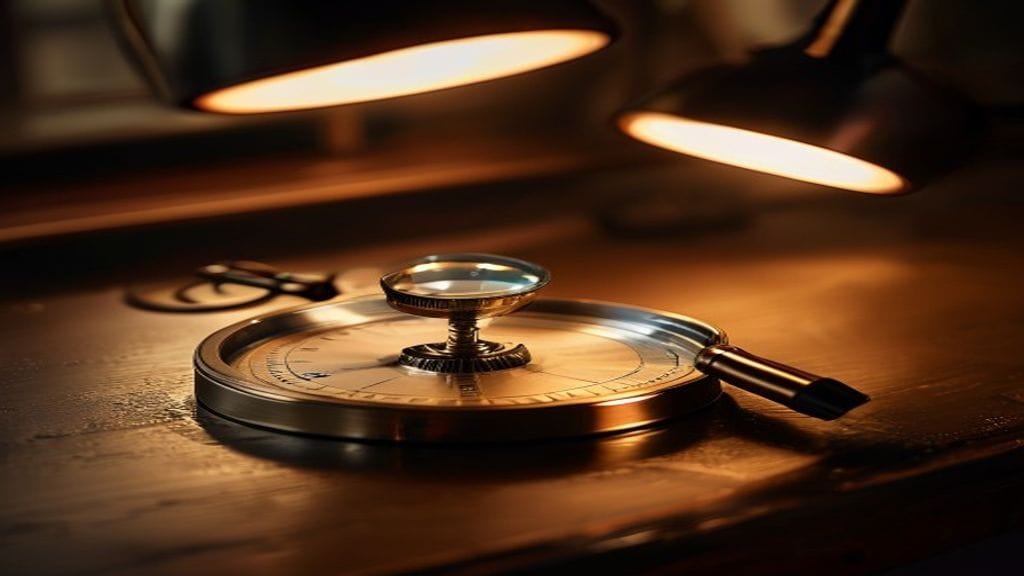 A precision brass calibration dial on a polished wooden lab bench with a small magnifying loupe resting beside it
