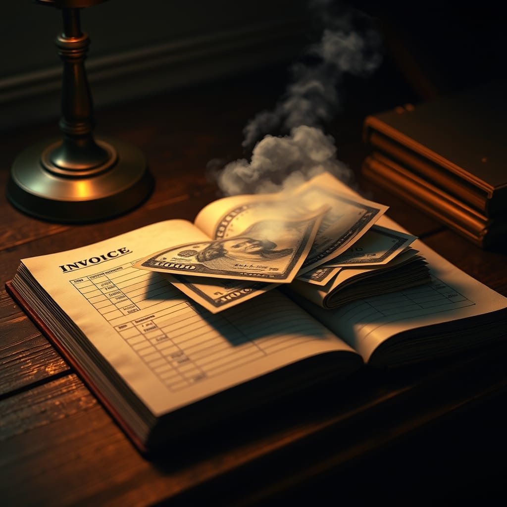 An open vintage invoice ledger with hundred-dollar bills tucked between pages and a luminous cloud of data hovering above