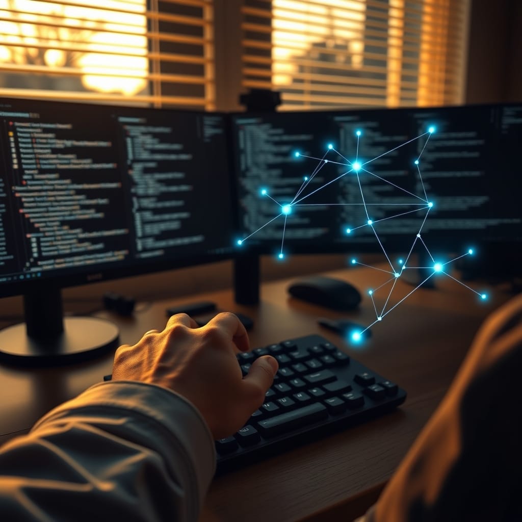 An over-the-shoulder view of a developer at multiple monitors showing code with faint AI-connection lines between screens