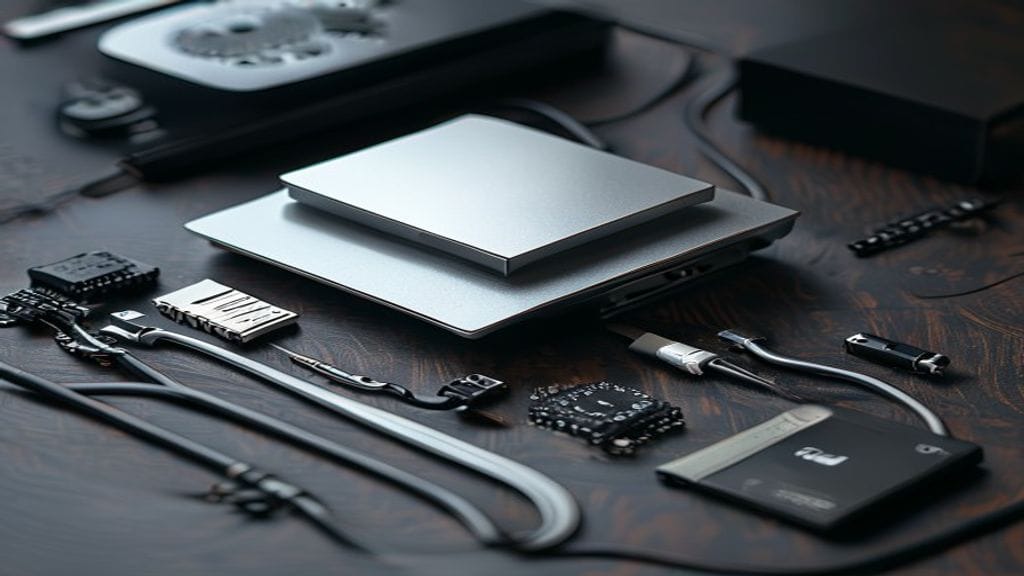 A neatly arranged flat-lay of computer hardware on a dark wooden surface — a silver computer box, memory sticks, a portable SSD, a small NAS, and coiled network cables