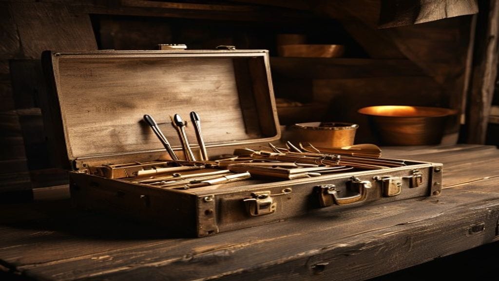 A wooden carpenter's toolbox open on a dark workshop bench with various polished brass tools neatly arranged inside