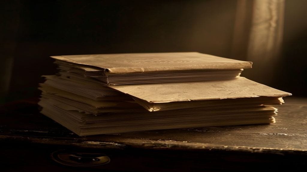 A stack of paper folders on a dark wooden desk with a dusty rubber stamp resting on top showing nothing readable