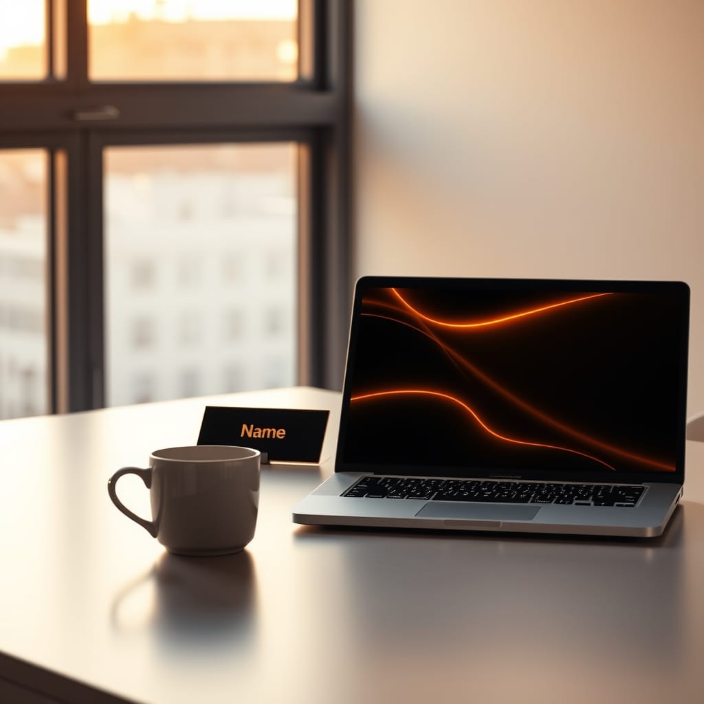 Empty office desk with a glowing abstract symbol where a name plaque would be, coffee cup, and laptop