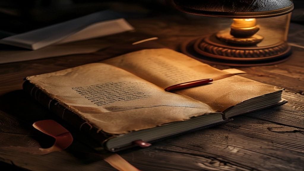 An open vintage leather-bound journal on a dark wooden desk with two ribbon bookmarks marking pages two years apart and a fountain pen alongside