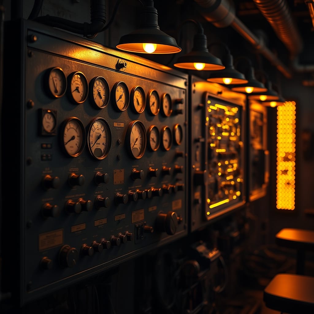 Vintage industrial control panel beside a modern glowing circuit board