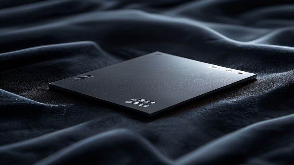 A polished anodized aluminum computer chip on dark velvet with a small portion of the silicon die visible through a precision opening