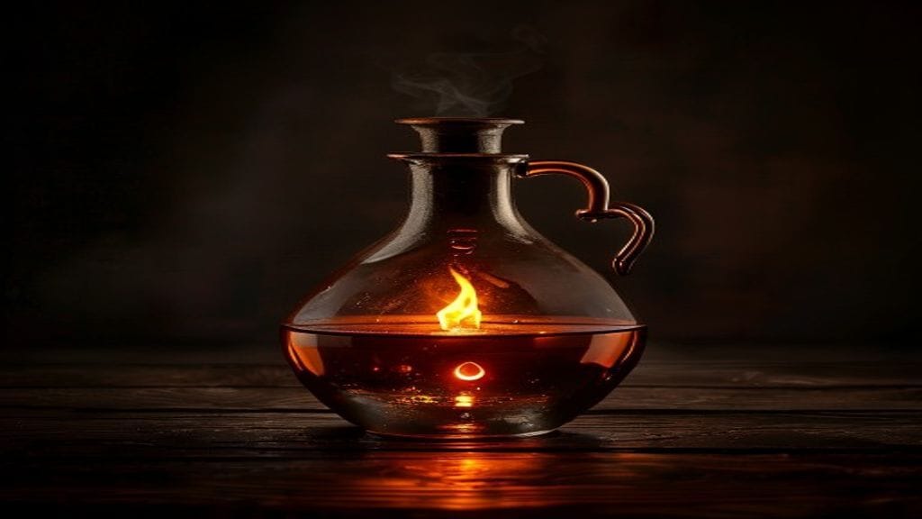 A copper alembic still on a dark wooden surface with a small glowing flame underneath and a single drop suspended at the spout