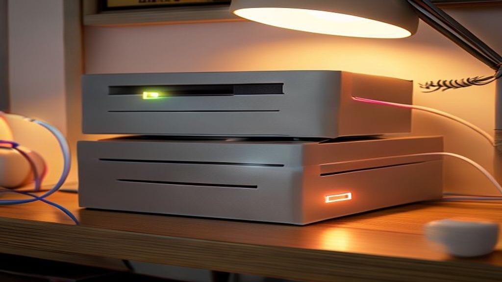 Three identical compact silver computer boxes stacked on a wooden home-office shelf with thin network cables running between them