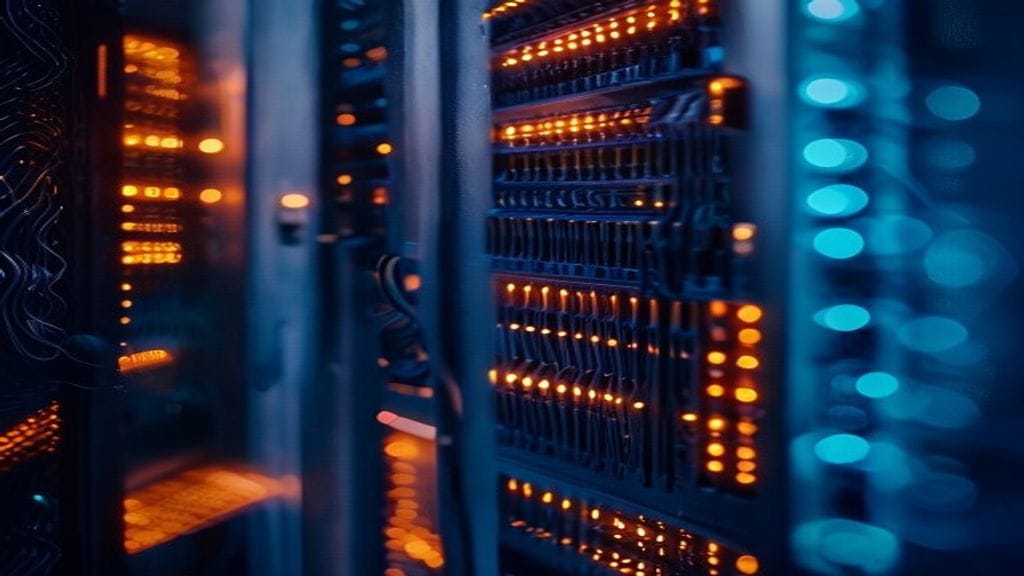A close-up of a metal server rack with neatly organized fiber-optic cables and faint glowing LEDs along the cable paths