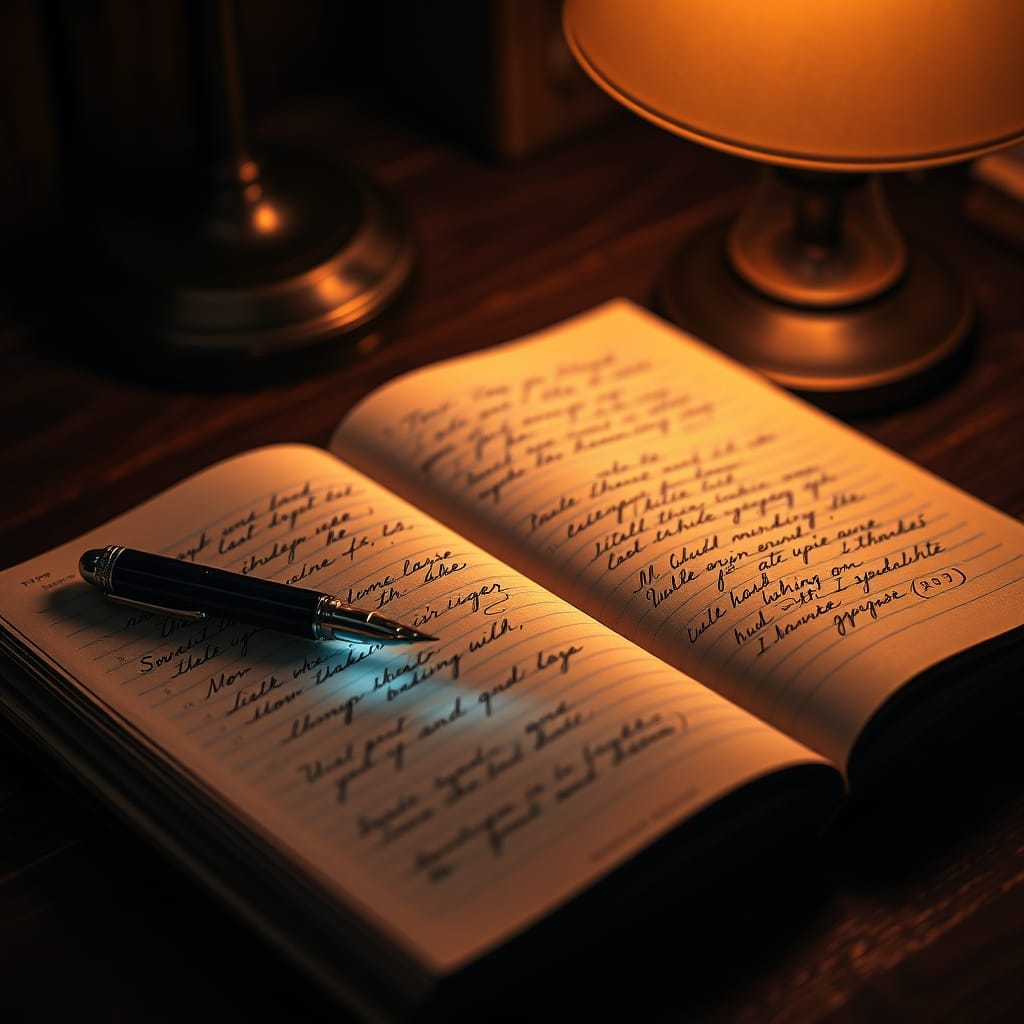 Fountain pen on a vintage ledger with glowing ethereal handwriting reforming on the page